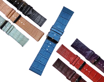 Extra breites Uhrenarmband aus italienischem Kalbsleder mit Krokodilprägung – Edelstahlschließe (Größen 20–30 mm) | Zubehör für Uhrenreparatur und -ersatz