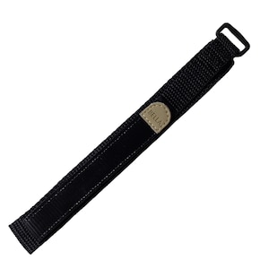 May include: Black nylon watch strap with a beige leather patch that says "BELLA".