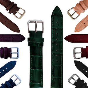 10mm 12mm 14mm 16mm 18mm Alligator Grain Leather Watch Straps - Genuine Calf Leather - High-Shine - Stainless Steel Buckles