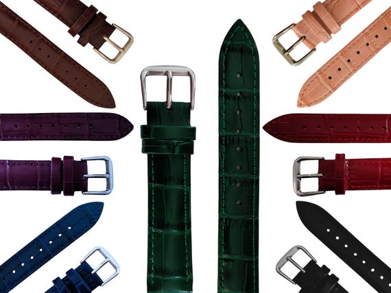 10mm 12mm 14mm 16mm 18mm Alligator Grain Leather Watch Straps - Genuine Calf Leather - High-Shine - Stainless Steel Buckles