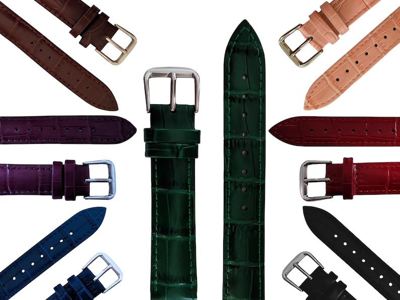 Alligator‑Grain High-Shine Calf Leather Watch Strap – Stainless Steel Buckle (Sizes 10–18mm) | Watch Repair & Replacement Supply