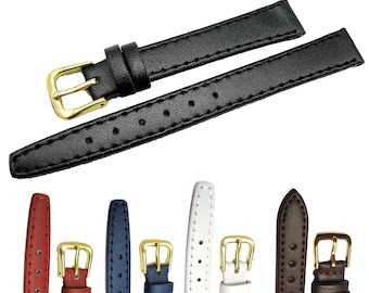 8mm 10mm 12mm 14mm 16mm 18mm 20mm Calf Grain Genuine Leather Watch Straps - Six Colours Available - Gold Coloured Buckles - FREE UK Delivery