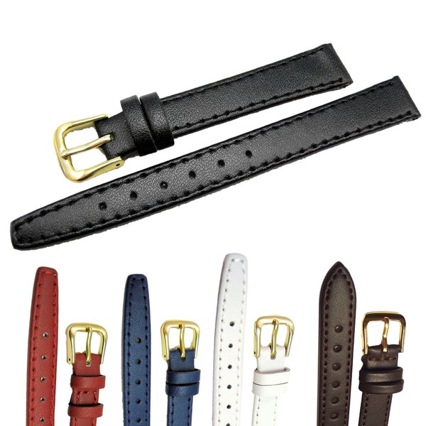 8mm 10mm 12mm 14mm 16mm 18mm 20mm Calf Grain Genuine Leather Watch Straps - Six Colours Available - Gold Coloured Buckles - FREE UK Delivery