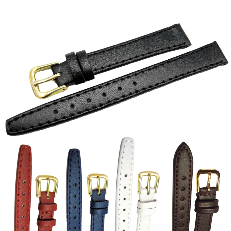 8mm 10mm 12mm 14mm 16mm 18mm 20mm Calf Grain Genuine Leather Watch Straps Six Colours Available Gold Coloured Buckles FREE UK Delivery zdjęcie 1