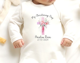 Personalised Baby Girls Christening Outfit, Sleepsuit Cross Christening, Baptism, Naming Day,  Christening Sleepsuit, Vest Bib, Keepsake