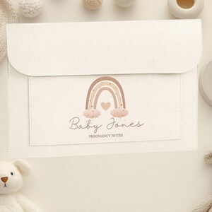 May include: Cream-coloured envelope-style organiser with a flap closure. The front features a rainbow design in shades of brown and pink, with the text "Baby Jones" and "Pregnancy Notes".
