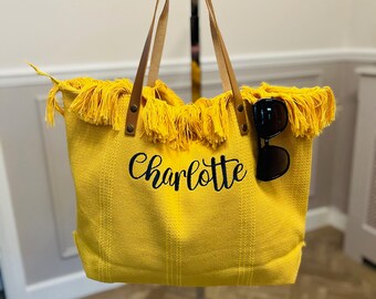 Personalised Beach Bag with Leather Handles