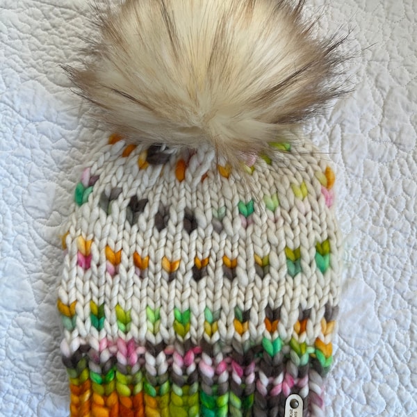 Luxury hand knit merino beanie hat with large faux fur Pom.   Cream.  White.  Orange.  Green.  Pink.  Brown.  Women. Teens