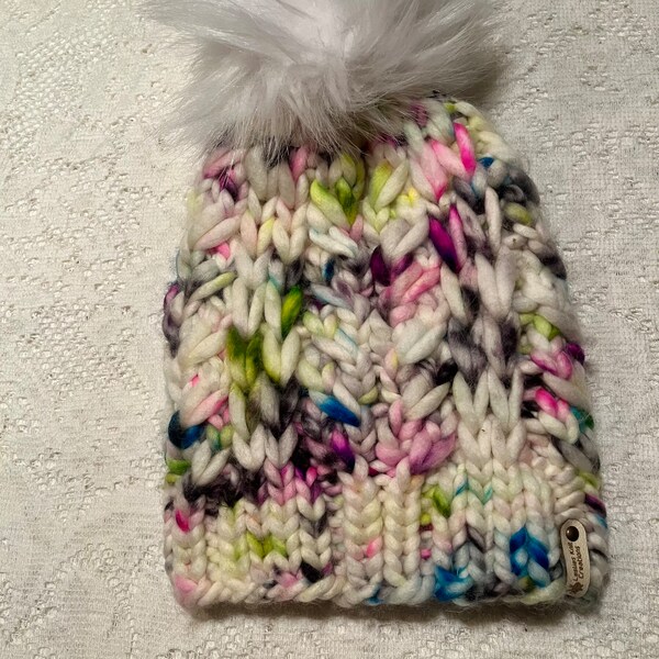 Luxury hand knit merino wool beanie hat with faux fur pom. Women   Teens. Adults. Cream. Blue. Green. Pink. Black.