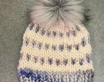 Blue and white baby/toddler beanie. Merino wool. Faux fur pom pom  1-3 years.