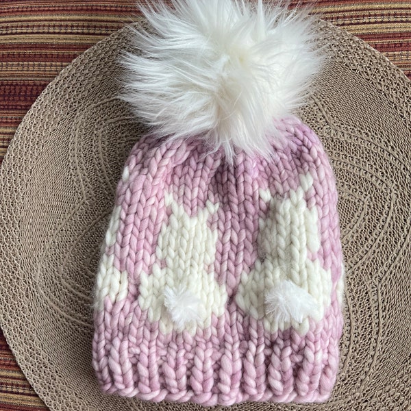 Toddler-Youth bunny hat hand knit with Malabrigo Rasta merino wool yarn.  pink. cream.   bunny.  Easter
