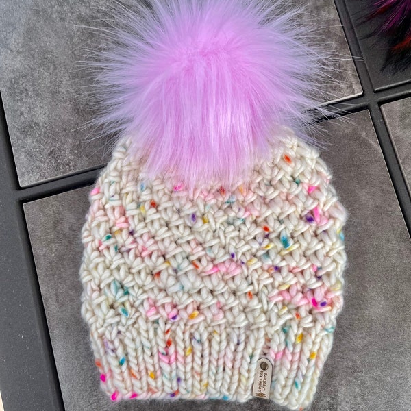 Luxury  hand knit merino wool beanie hat with large faux fur pom. Women. Teens