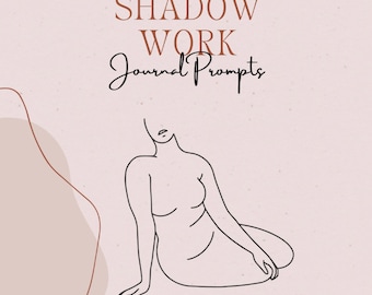 Op de afbeelding: Een werkboek met de titel "SHADOW WORK Journal Prompts" in bruine en zwarte tekst. De cover toont een lijntekening van een zittende figuur en de tekst "WORKBOOK" bovenaan. De woorden "CREATED BY LYRIC DIOSA" staan onderaan.