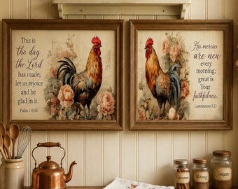 Christian Farmhouse Kitchen Wall Art Set of 2, Rooster Bible Verse Printable, Psalm 118 24 Lamentations 3 23 Scripture, Digital Download
