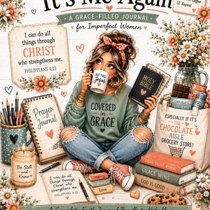 May include: A faith-based journal bundle featuring the text Dear Jesus, It's Me Again. The illustration shows a person in a green sweatshirt and jeans holding a mug that says But First Jesus, surrounded by a Bible, prayer journals, books, a candle, and a tote bag labelled The Chocolate Aisle Grocery Store, all decorated with floral accents.