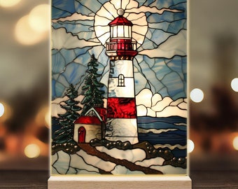 Stained Glass Christmas Lighthouse Soft Light | Beech Wood Base, Warm Decorative Night Light | Perfect Christmas Gift