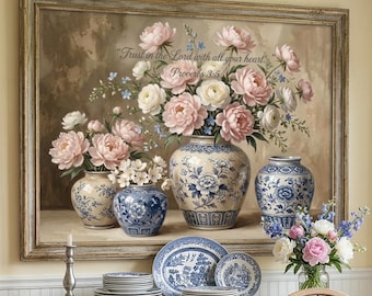 Proverbs 3:5 Scripture Print, Chinoiserie Peony Floral Art (Digital Download)
