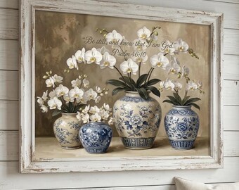 Psalm 46:10 Be Still Scripture Print, Chinoiserie Orchid Vase Art (Digital Download)