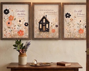 Christian Wall Art Set of 3, Scripture Prints, Farmhouse Floral Decor, Bible Verse Wall Art, Neutral Cottagecore