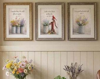 Christian Wall Art Set of 3, Bible Verse Printable, Farmhouse Floral Decor, Luke, Matthew,   James Rustic Cottage Wall Art, Digital Download