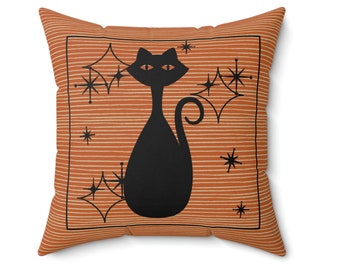 Mid-Century Black Cat Square Pillow, Cat Pillow Covers, Cat Gift Ideas, Cat Pillow Case, Decorative Cushion, Retro Cat Decor, Animal Pillow