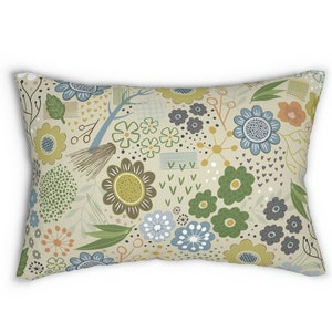 Retro Floral Lumbar Pillow, Throw Pillow, 70&#39;s Design, Vintage Flower Pillow, Farmhouse Decor, Teens Room, Botanical Flower Lumbar Pillow