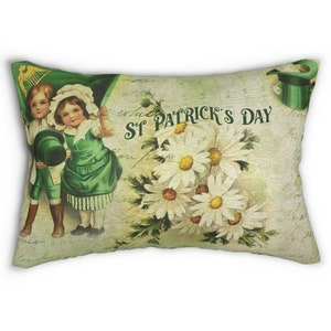 St Patrick&#39;s Day Lumbar Pillow, Shamrock Pillow, Victorian Accent Pillow, St Patrick&#39;s Decor, Vintage Decor,Four Leaf Clover,Farmhouse Decor