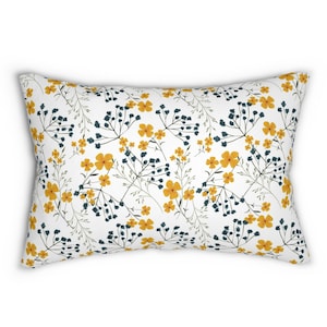 Floral Lumbar Throw Pillow, Blue-Yellow Pillow, Decorative Wildflower Pillow, Modern Accent Pillow, Botanical Country Farmhouse Decor