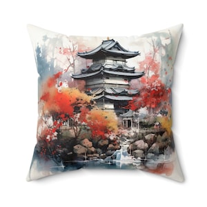 Japanisches Herbstkissen, Daigo Ji Tempelkissen, Kyoto Japan Kissen, asiatisches Dekokissen, orientalisches Akzentkissen, japanische Pagodenlandschaft