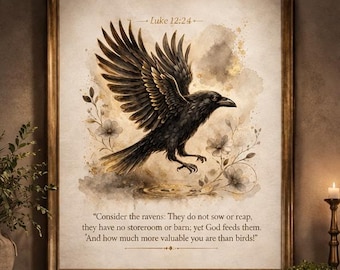 Luke 12:24 Raven Wall Art, Christian Printable, Gold Scripture Print, Neutral Faith Decor, 8x10 16x20 Digital Download
