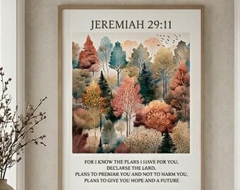 Jeremiah 29:11 Watercolor Forest Print, Christian Scripture Wall Art (Digital Download)