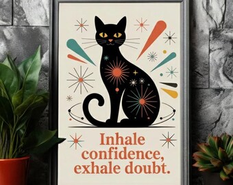 Mid Century Modern Black Cat Art Print | Empowering Affirmation (Digital Download)