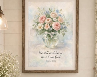 Psalm 46:10 Be Still Floral Bible Verse Art Cottage Faith Wall Print (4∶5 Digital Download)