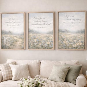 Christian Farmhouse Wall Art Set, Bible Verse Prints, Blue Floral Scripture Decor (Digital Download)