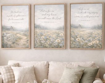 Christian Farmhouse Wall Art Set, Bible Verse Prints, Blue Floral Scripture Decor (Digital Download)