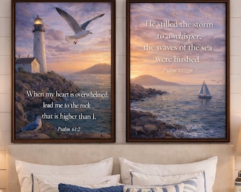 Coastal Christian Wall Art Set of 2, Bible Verse Prints, Nautical Lighthouse & Ocean Decor, Christian Printable Art Download
