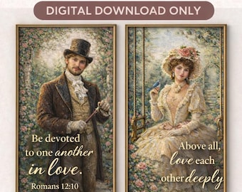 Wedding Bible Verse Wall Art Set of 2 | Victorian His and Hers Prints, Romans 12 10, 1 Peter 4 8, Christian Marriage Gift Digital Download