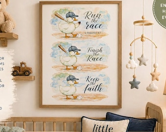 Silly Goose Baseball Nursery Wall Art, Christian Boys Room Decor, Run the Race 2 Timothy 4:7, Vertical Print, Faith Nursery,Digital Download