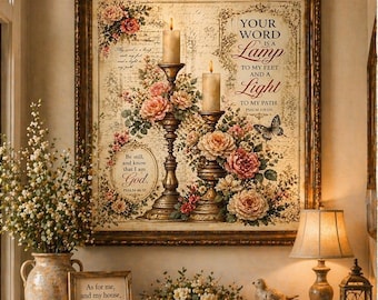 Christian Wall Art Printable, Bible Verse Wall Decor, Psalm 119 105, Your Word Is a Lamp, Shabby Chic Floral Art, Vintage Scripture Print