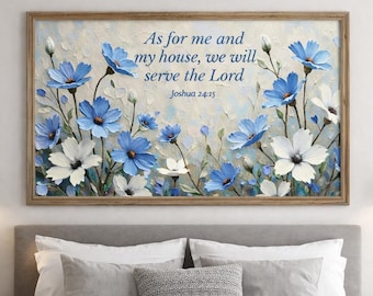 Joshua 24:15 Bible Verse Print | Blue Floral Christian Wall Art (Digital Download)