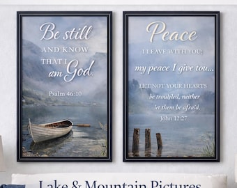 Christian Wall Art Set of 2, Lake & Mountain Bible Verse Prints, Be Still Psalm 46:10, John 14 27 Peace Scripture Art,Neutral Coastal Decor