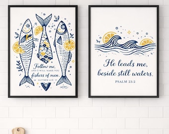 Coastal Christian Wall Art Set of 2, Bible Verse Prints, Fishers of Men Matthew 4:19, Psalm 23 Still Waters, Beach House Decor