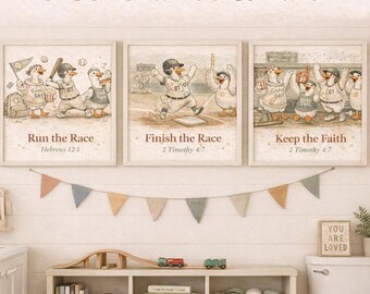 Silly Goose Baseball Nursery Set of 3, Christian Boys Room Decor, 2 Timothy 4 7 Run the Race, Kids Sports Bedroom Wall Art, Baby Shower Gift