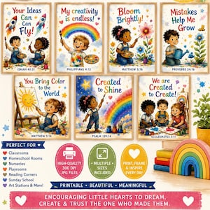 May include: A collection of seven art prints with inspirational messages and illustrations of children painting. The prints feature phrases like "Created to Create" and "Bloom Brightly!" with rainbows, stars, and paintbrushes. Perfect for classrooms and nurseries.