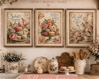 Christian Wall Art Set of 3 Printable, Shabby Chic Kitchen Decor, Faith Based Wall Art, Bible Verse Prints, Cottagecore Floral Decor