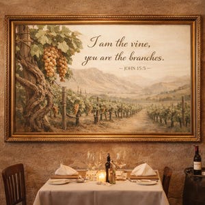 May include: A framed painting depicting a vineyard scene with the text "I am the vine, you are the branches." The painting hangs above a table set for a meal, with wine glasses and a lit candle. The room has a warm, inviting atmosphere.