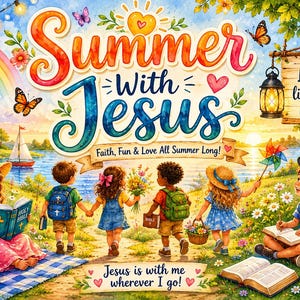 May include: A colorful illustration with the words "Summer with Jesus." Children are depicted enjoying a sunny day with a rainbow, butterflies, and a sailboat. The text "Let your light shine" is also visible.