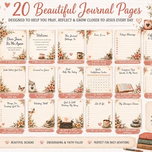 May include: A collection of 20 printable journal pages featuring floral accents and faith-based text. Each page includes headers like Dear Jesus, It's Me Again, Today's Blessings, and Prayer Requests, with lined sections for writing and decorative heart motifs.