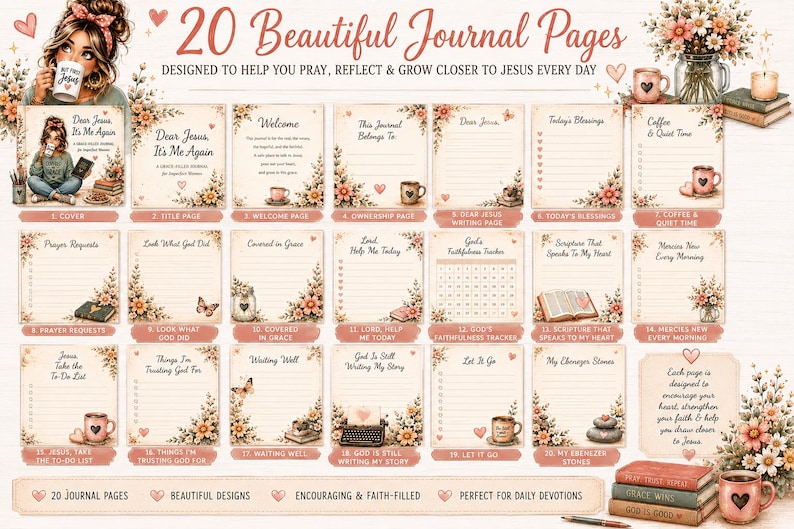 May include: A collection of 20 printable journal pages featuring floral accents and faith-based text. Each page includes headers like Dear Jesus, It's Me Again, Today's Blessings, and Prayer Requests, with lined sections for writing and decorative heart motifs.