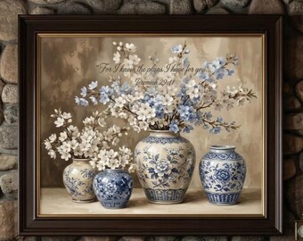 Christian Wall Art | Jeremiah 29:11 Scripture Decor, Blue & White Floral Print (Digital Download)